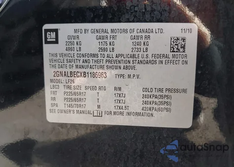 2011 Chevrolet Equinox Ls из США, поврежденный, VIN 2GNALBECXB1186963